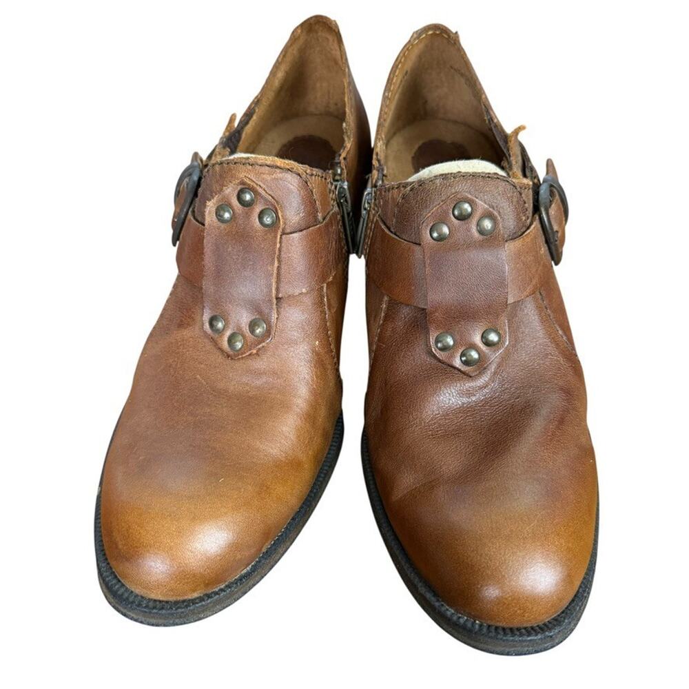 Born Brown Leather Chunky Block Heel Ankle Booties Boots Shoes Buckle Strap 7.5 - Picture 6 of 16